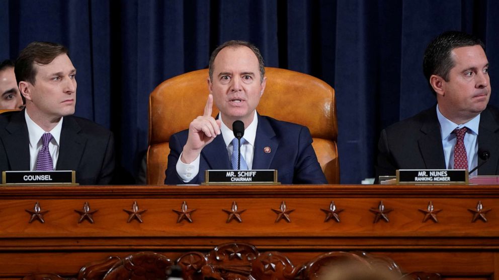 PHOTO: House Intelligence Chairman Adam Schiff speaks during the House Intelligence Committee hearing with witness Marie Yovanovitch, as part of the impeachment inquiry into President Donald Trump on Capitol Hill in Washington, Nov. 15, 2019.