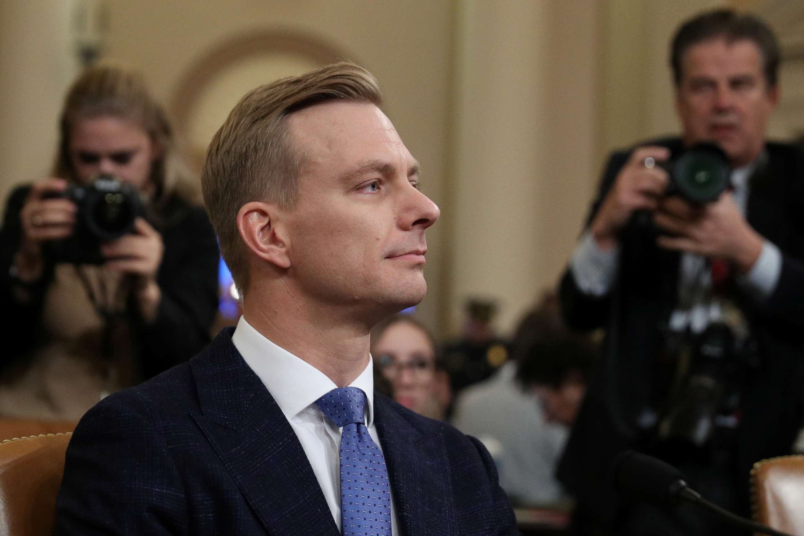 PHOTO: David Holmes, political counselor at the U.S Embassy in Kiev, takes his seat to testify to a House Intelligence Committee hearing as part of the impeachment inquiry into President Donald Trump on Capitol Hill in Washington, Nov. 21, 2019.