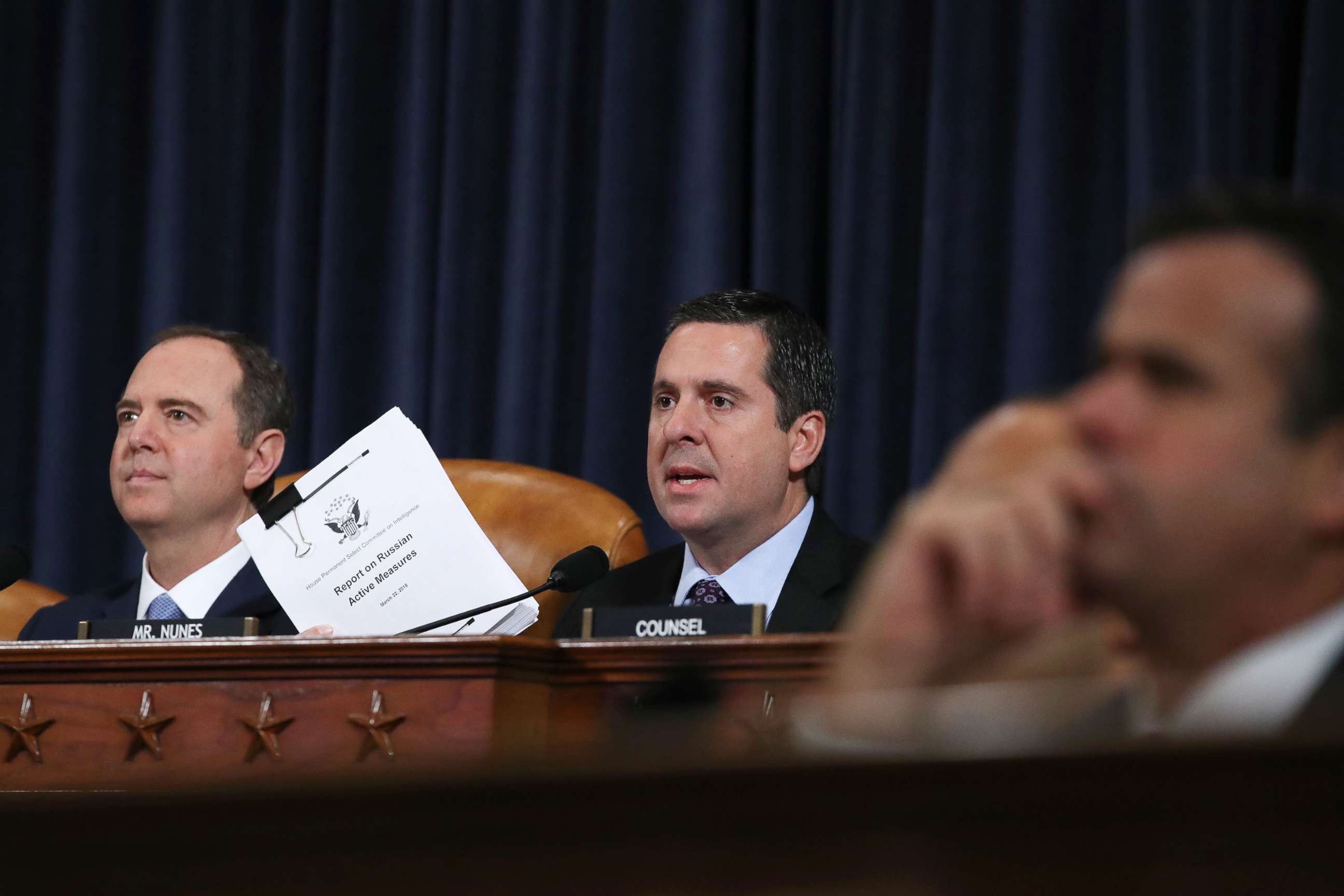 PHOTO: Ranking member Devin Nunes makes his opening statement as Rep. Adam Schiff listens before the House Intelligence Committee hearing on Capitol Hill, Nov. 21, 2019, in Washington.