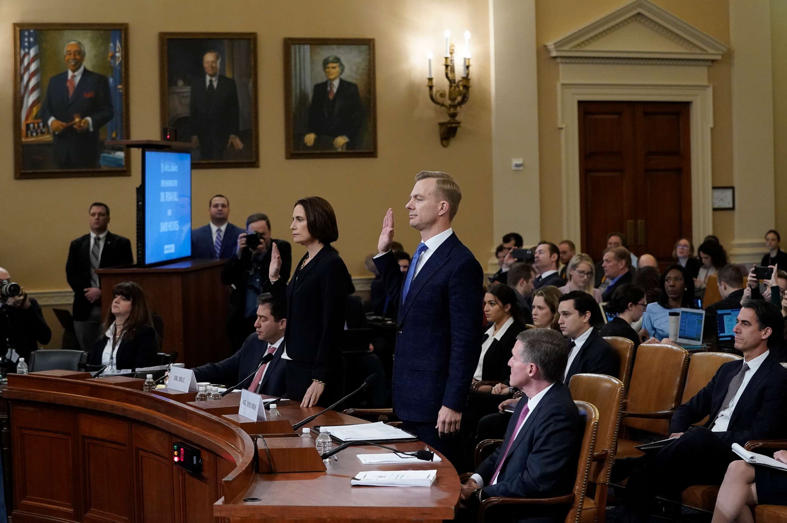 PHOTO: Fiona Hill and David Holmes are sworn in prior to testifying before the House Intelligence Committee on Capitol Hill, Nov. 21, 2019, in Washington.