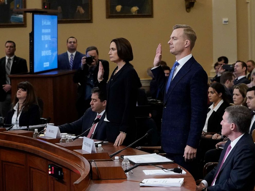 PHOTO: Fiona Hill and David Holmes are sworn in prior to testifying before the House Intelligence Committee on Capitol Hill, Nov. 21, 2019, in Washington.