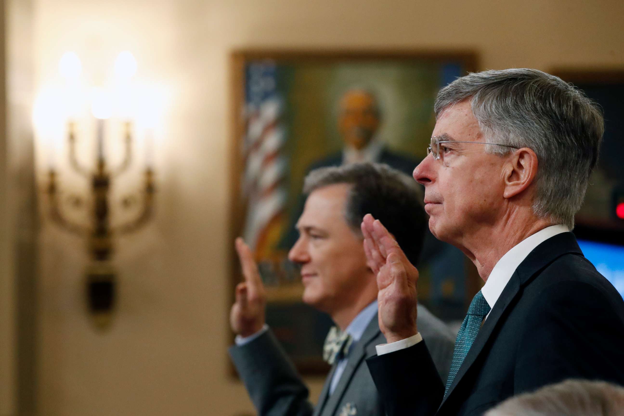 PHOTO: Top U.S. diplomat in Ukraine William Taylor and career Foreign Service officer George Kent are sworn in to testify before the House Intelligence Committee on Capitol Hill in Washington, Nov. 13, 2019.