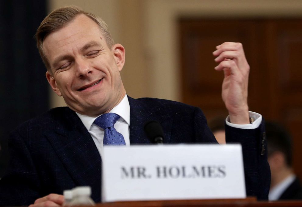 PHOTO: David Holmes describes the phone call he overheard between President Donald Trump and Ambassador Gordon Sondland while testifying before the House Intelligence Committee on Capitol Hill, Nov. 21, 2019, in Washington.