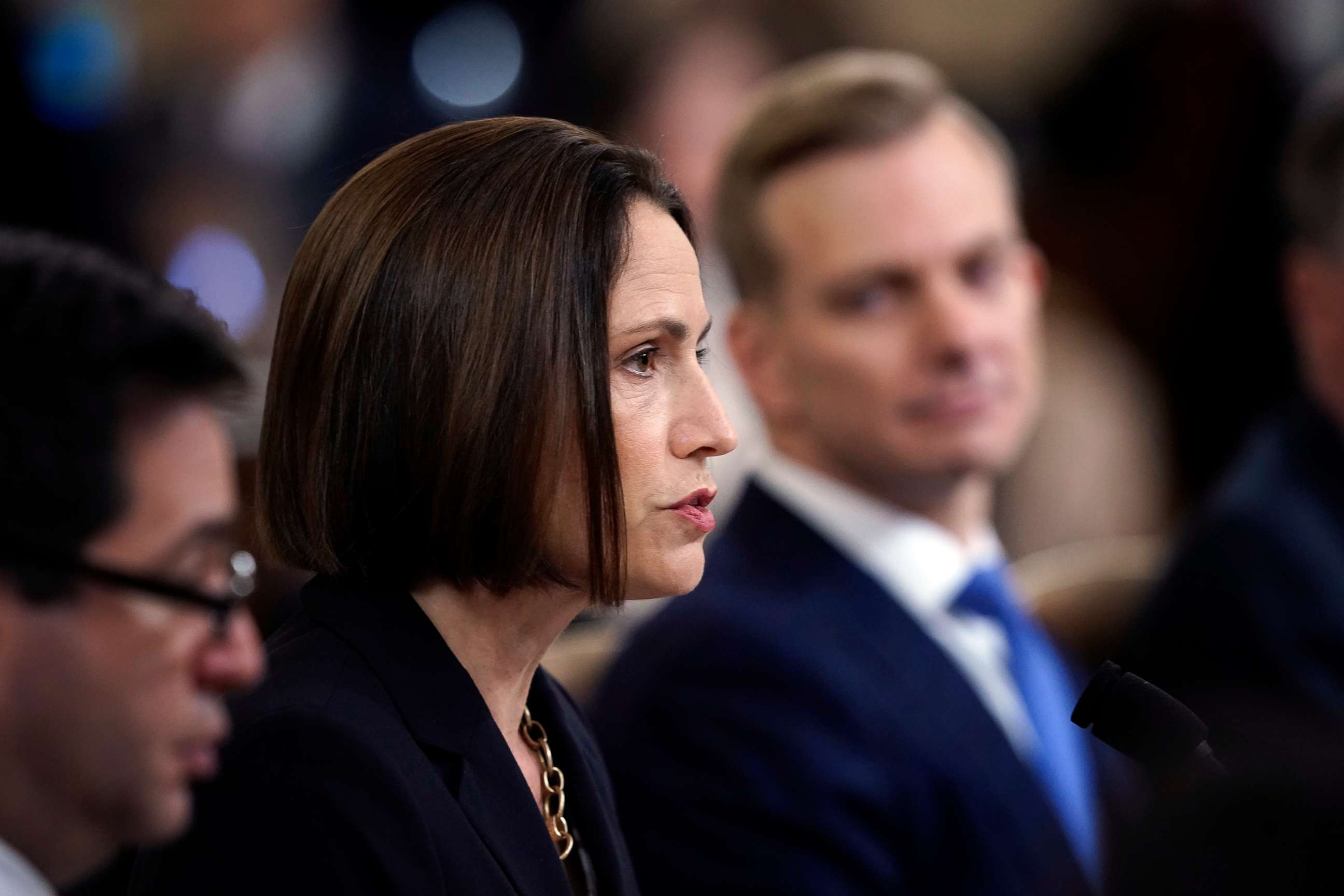 PHOTO: Fiona Hill speaks while David Holmes watches before the House Intelligence Committee on Capitol Hill, Nov. 21, 2019, in Washington.