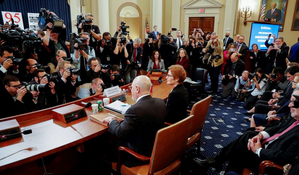 PHOTO: Former U.S. ambassador to Ukraine, Marie Yovanovitch, testifies before a House Intelligence Committee hearing as part of the impeachment inquiry into U.S. President Donald Trump on Capitol Hill in Washington, Nov. 15, 2019.