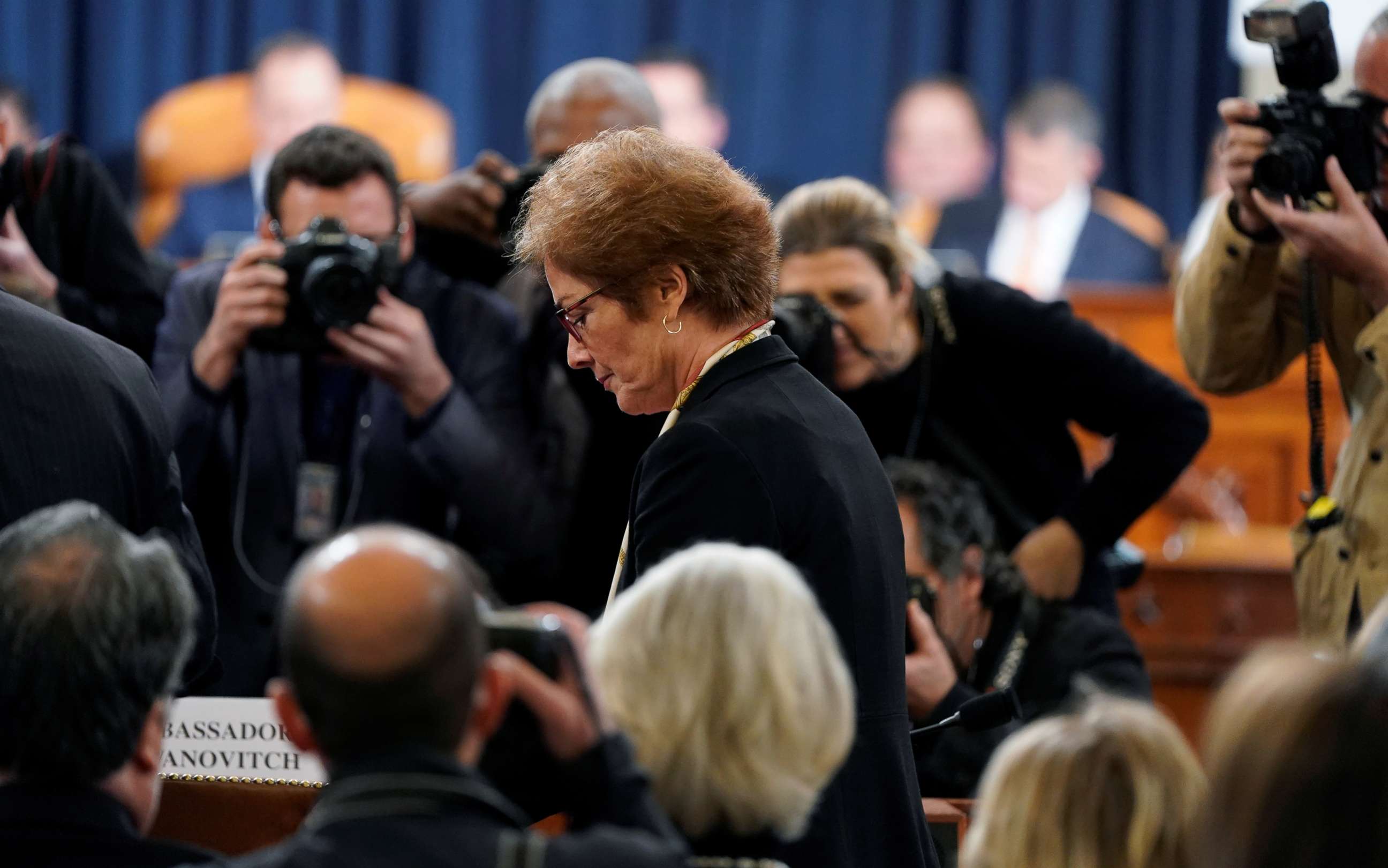 PHOTO: Marie Yovanovitch, former U.S. ambassador to Ukraine, takes her seat to testify at a hearing by the House Intelligence Committee as part of the impeachment inquiry into U.S. President Donald Trump on Capitol Hill in Washington, Nov. 15, 2019.