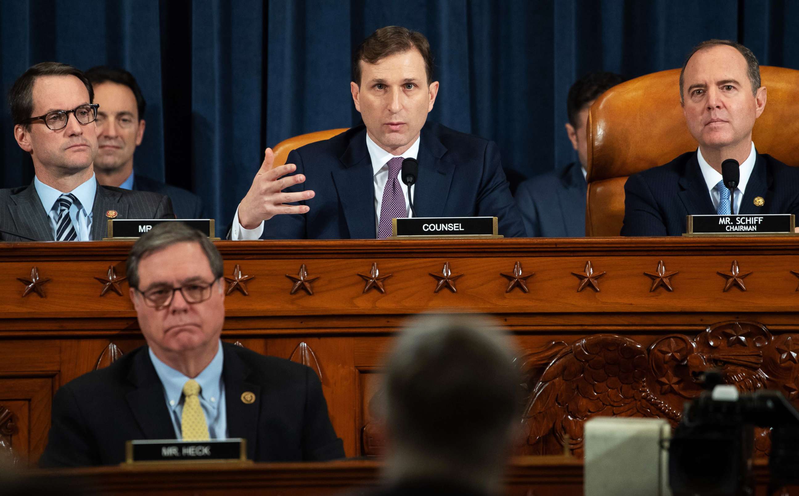 PHOTO: Democratic Counsel Daniel Goldman asks questions of witnesses William Taylor and George Kent during the first public hearings held as part of the impeachment inquiry into President Donald Trump, in Washington, Nov. 13, 2019