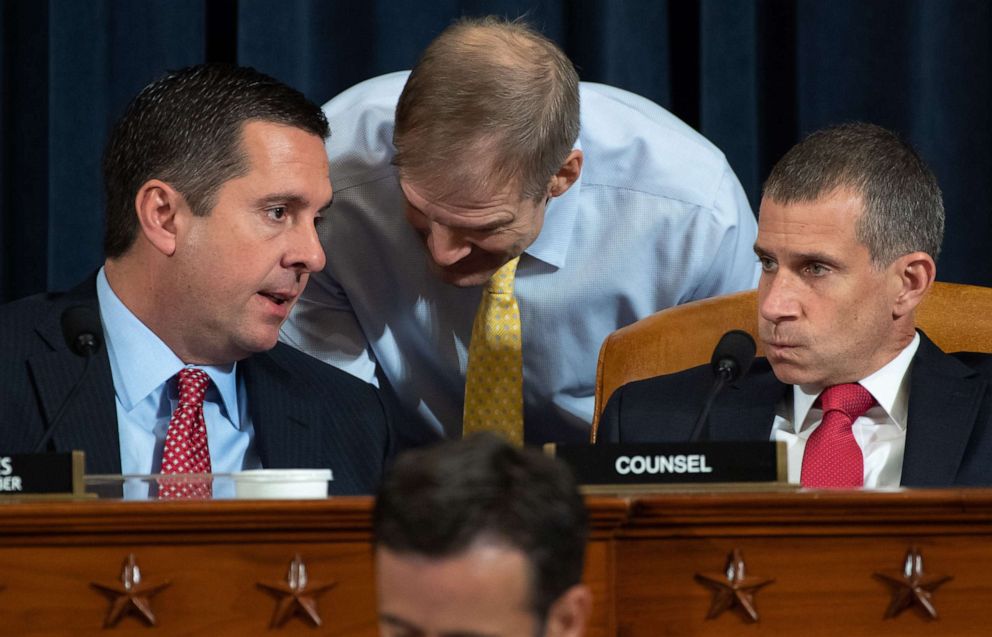 PHOTO: Ranking Member Devin Nunes speaks with Rep. Jim Jordan and Republican Counsel Stephen Castor during the first public hearings as part of the impeachment inquiry into President Donald Trump, in Washington, Nov. 13, 2019.