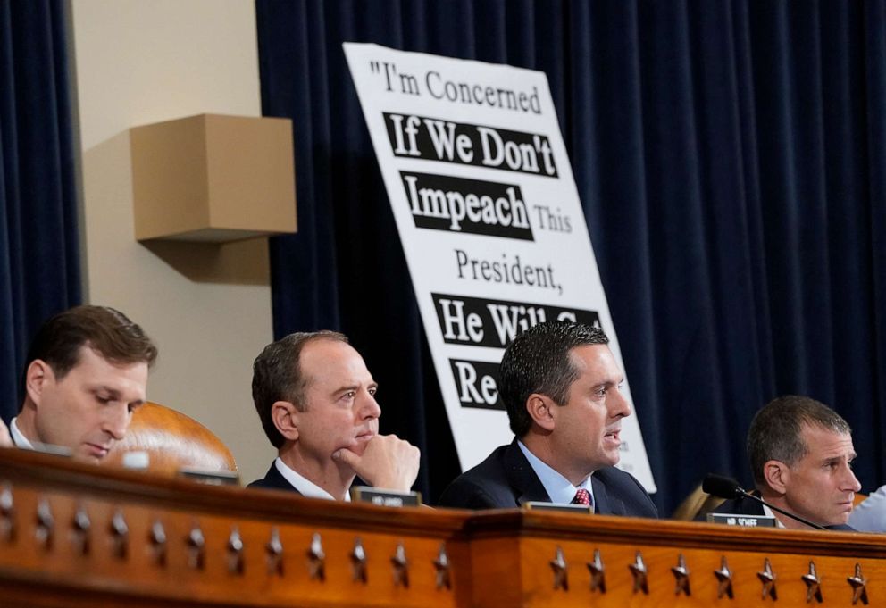 PHOTO: Majority counsel for the House Intelligence Committee Daniel Goldman, Rep. Adam Schiff, Rep. Devin Nunes (R-CA), and minority counsel Steve Castor listen to testimony on Capitol Hill, Nov. 13, 2019, in Washington.