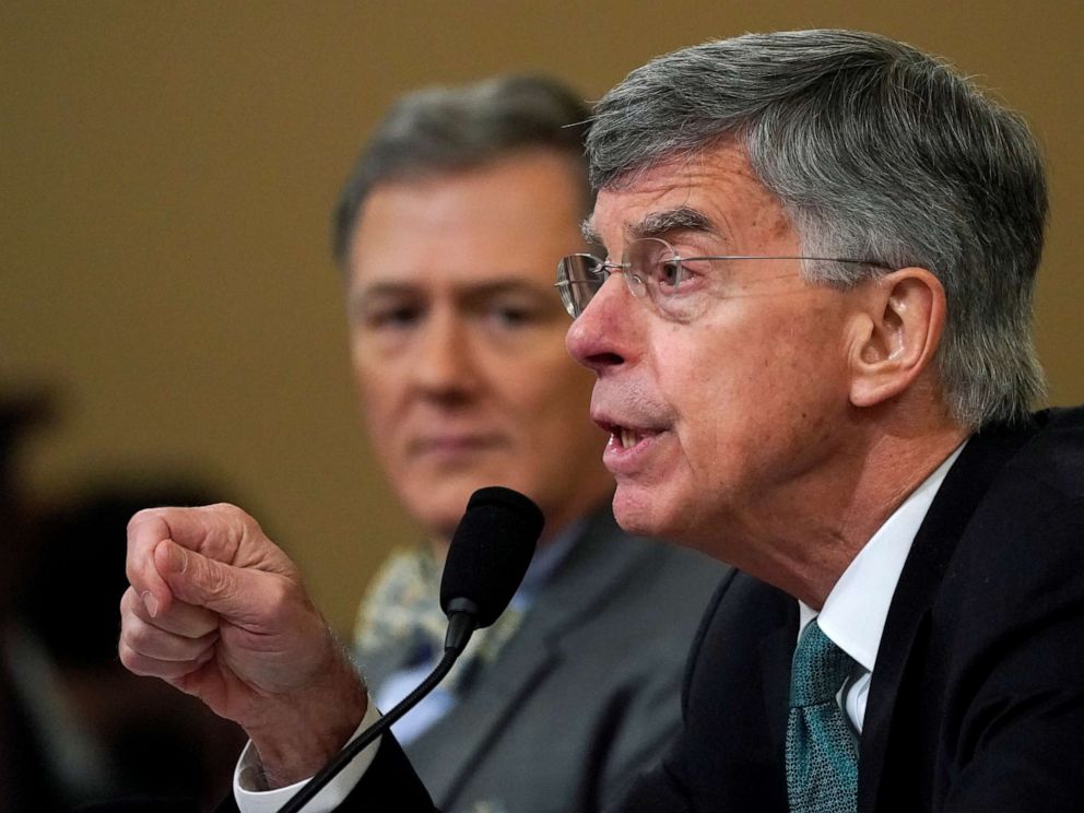 PHOTO: Ambassador Bill Taylor testifies during a House Intelligence Committee impeachment inquiry hearing into President Donald Trump on Capitol Hill in Washington, Nov. 13, 2019.