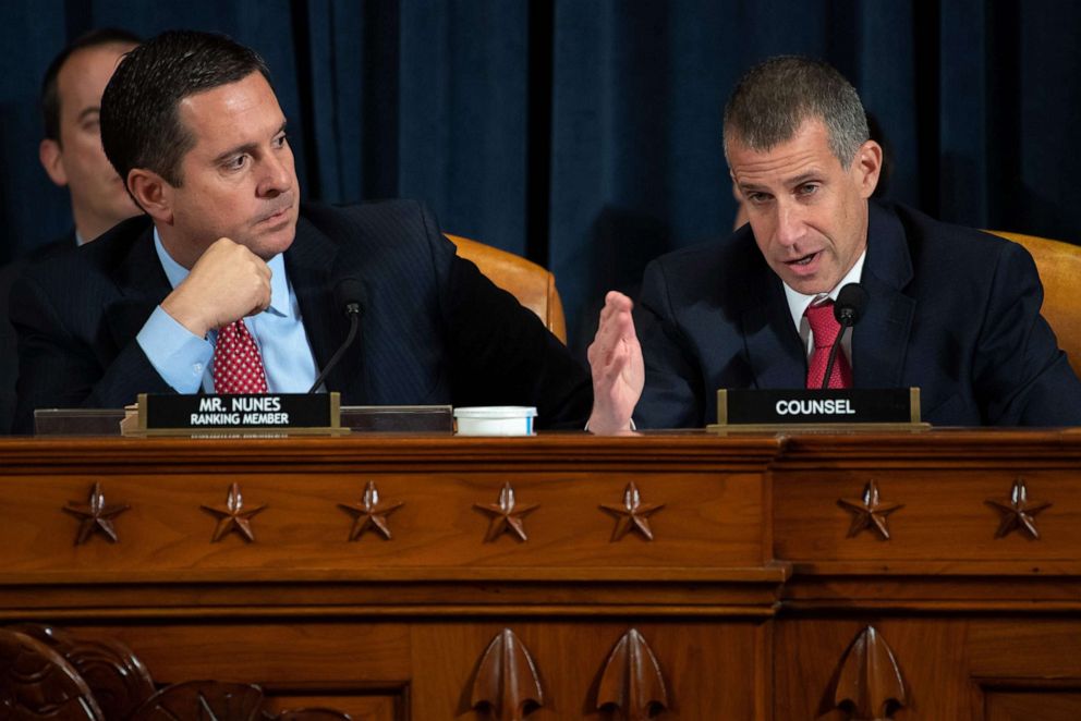 PHOTO: Rep. Devin Nunes watches as Republican Counsel Stephen Castor asks questions of witnesses during the first public hearings as part of the impeachment inquiry into President Donald Trump, in Washington, Nov. 13, 2019.