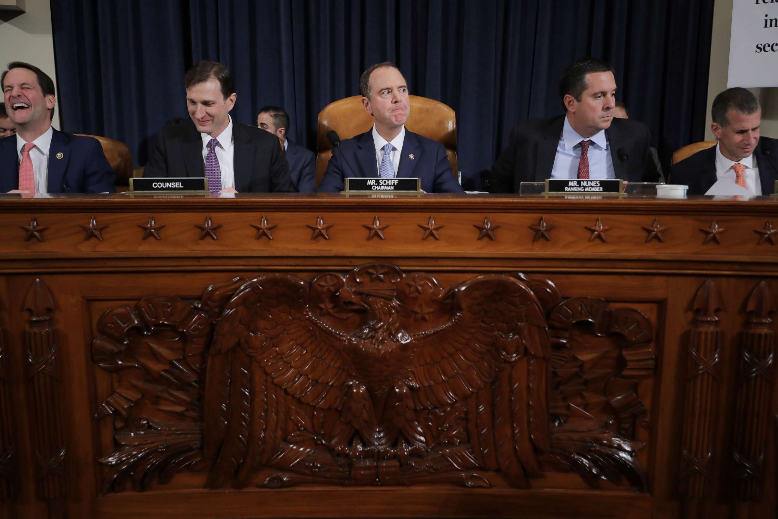 PHOTO: House Intelligence Committee Chairman Adam Schiff and colleagues wait for the arrival of former U.S. Ambassador to Ukraine Marie Yovanovitch during break in a hearing on Capitol Hill, Nov. 15, 2019, in Washington.