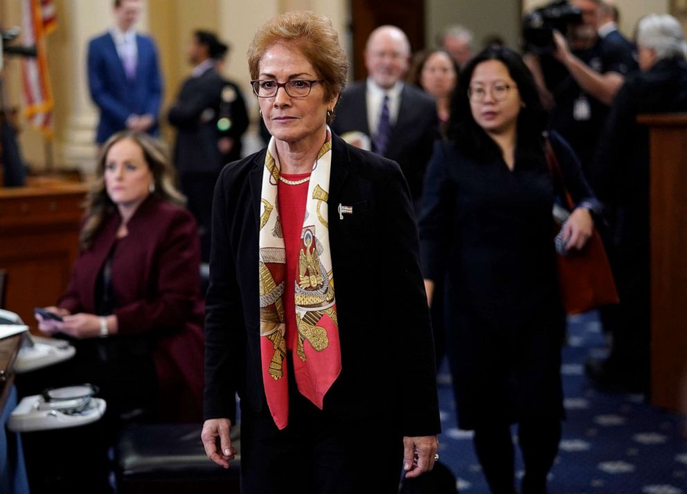 PHOTO: Former U.S. Ambassador to Ukraine Marie Yovanovitch returns for additional questioning after a break while testifying before the House Intelligence Committee in the Longworth House Office Building on Capitol Hill, Nov. 15, 2019. in Washington.