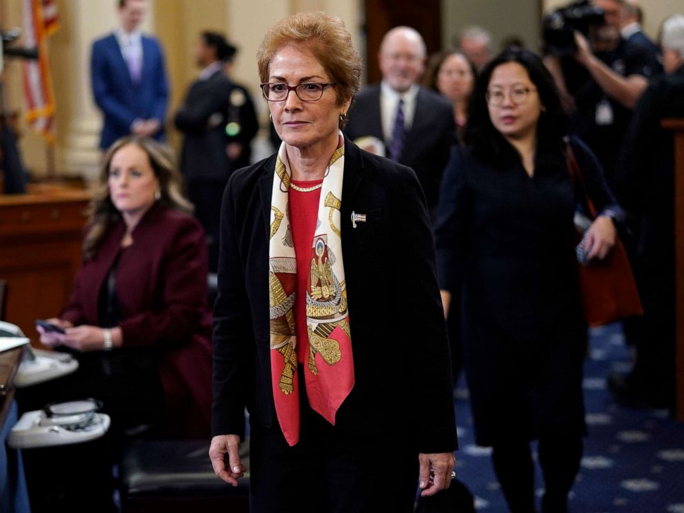 PHOTO: Former U.S. Ambassador to Ukraine Marie Yovanovitch returns for additional questioning after a break while testifying before the House Intelligence Committee in the Longworth House Office Building on Capitol Hill, Nov. 15, 2019. in Washington.