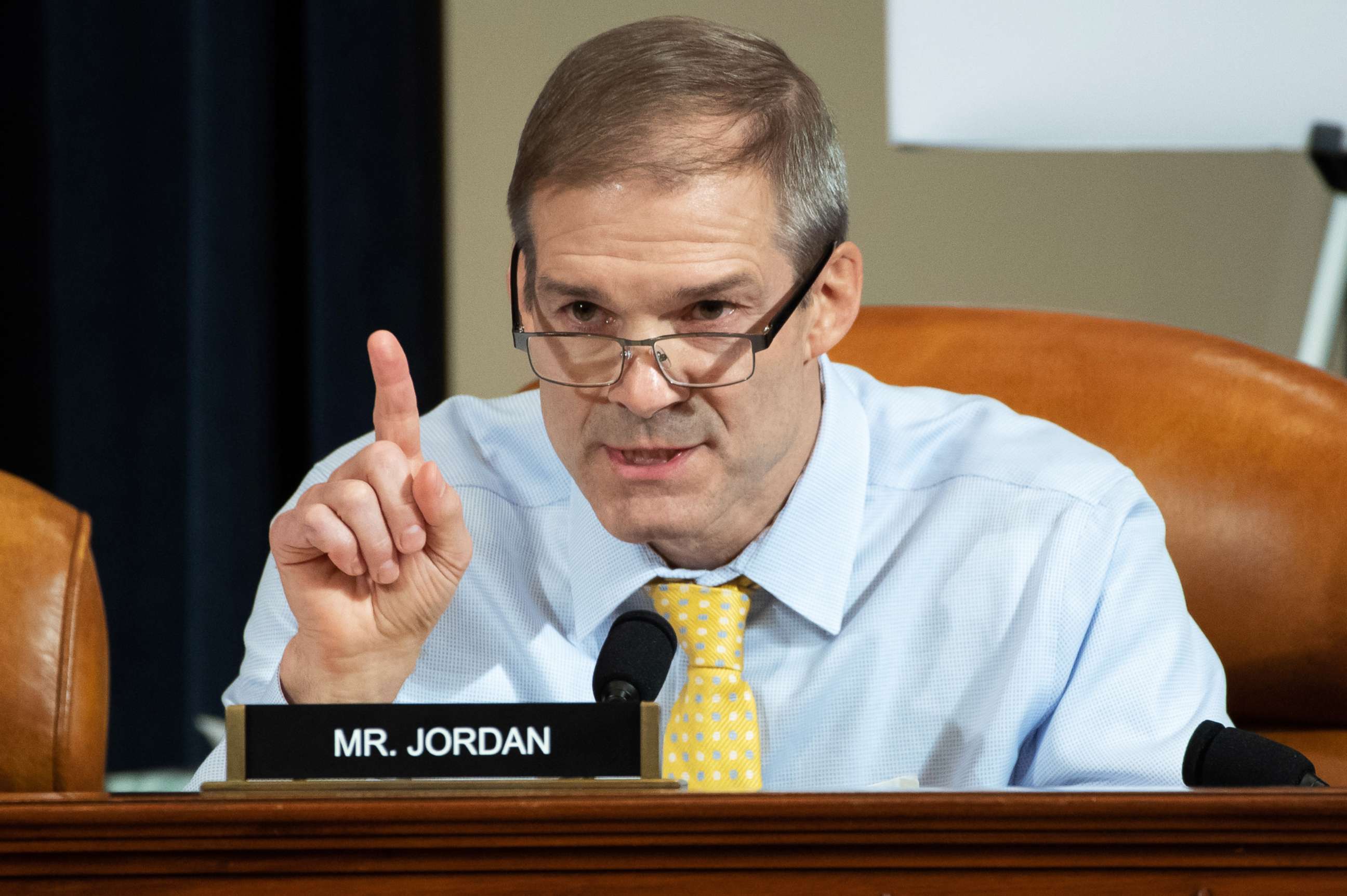PHOTO: Rep. Jim Jordan asks questions of witnesses during the first public hearings held by the House Permanent Select Committee on Intelligence as part of the impeachment inquiry into President Donald Trump, on Capitol Hill, Nov. 13, 2019.