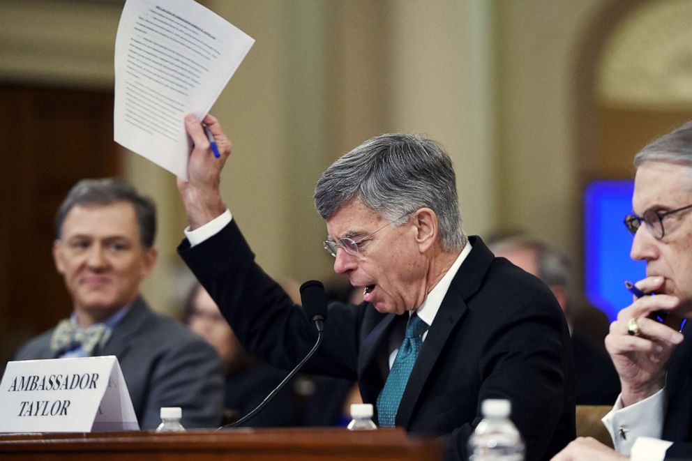 PHOTO: Ambassador William Taylor gestures during his testimony in front of the House Intelligence Committee on Capitol Hill in Washington, Nov. 13, 2019.