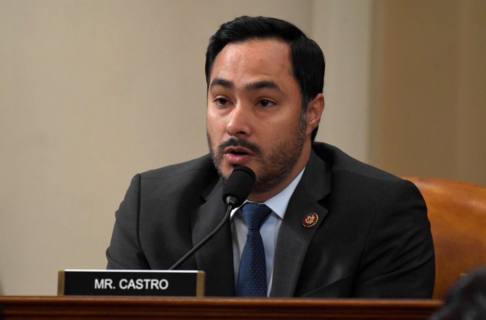 PHOTO: Rep. Joaquin Castro questions top U.S. diplomat in Ukraine William Taylor, and career Foreign Service officer George Kent, at the House Intelligence Committee hearing on Capitol Hill, Nov. 13, 2019.