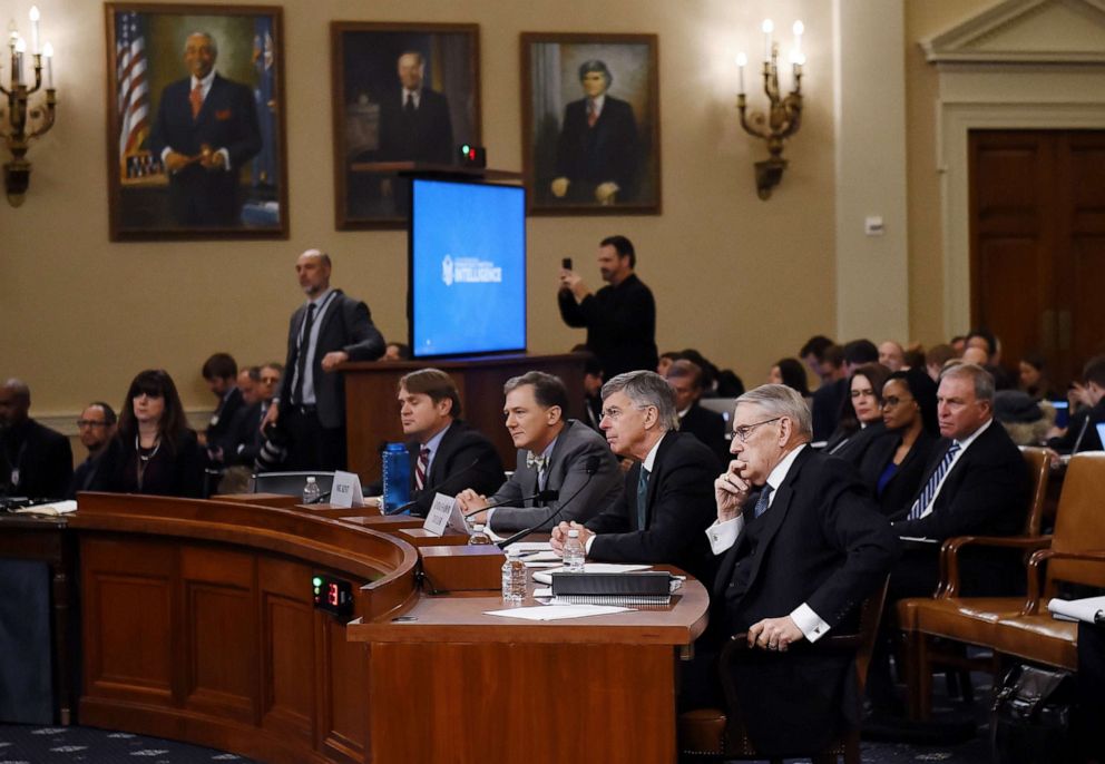 PHOTO: Top US diplomat in Ukraine, William Taylor, and George Kent, the deputy assistant secretary of state for European and Eurasian Affairs testify during the House Intelligence Committee on Capitol Hill in Washington, Nov. 13, 2019.