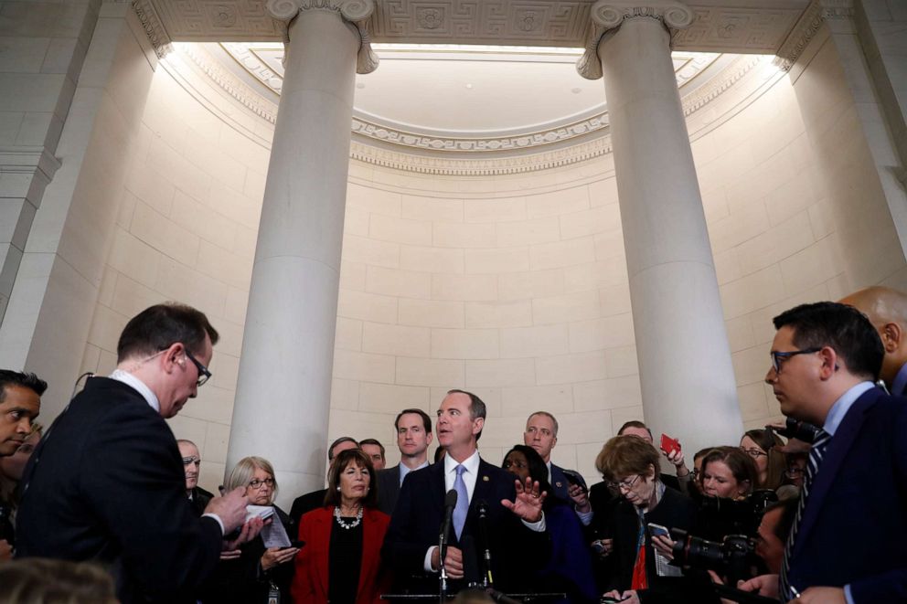 PHOTO: House Intelligence Committee Chairman Adam Schiff talks to the media after a hearing with testimony from top U.S. diplomat in Ukraine William Taylor and career Foreign Service officer George Kent, on Capitol Hill in Washington, Nov. 13, 2019.