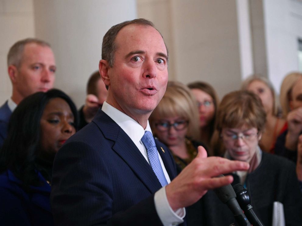 PHOTO: Rep. Adam Schiff speaks with reporters after a House Intelligence Committee impeachment inquiry hearing into President Donald Trump on Capitol Hill in Washington, Nov. 13, 2019.