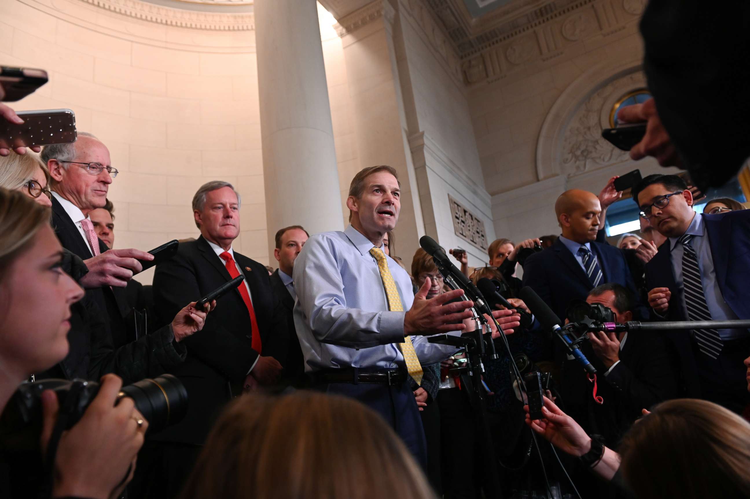 PHOTO: Rep. Jim Jordan speaks with reporters after a House Intelligence Committee impeachment inquiry hearing into President Donald Trump on Capitol Hill in Washington, Nov. 13, 2019.