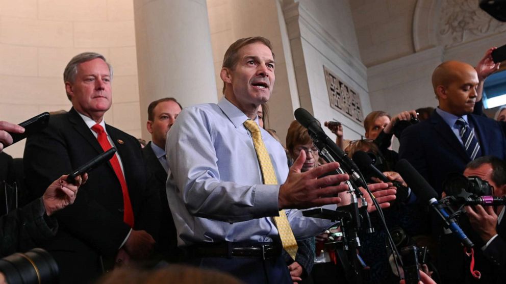 PHOTO: Rep. Jim Jordan speaks with reporters after a House Intelligence Committee impeachment inquiry hearing into President Donald Trump on Capitol Hill in Washington, Nov. 13, 2019.