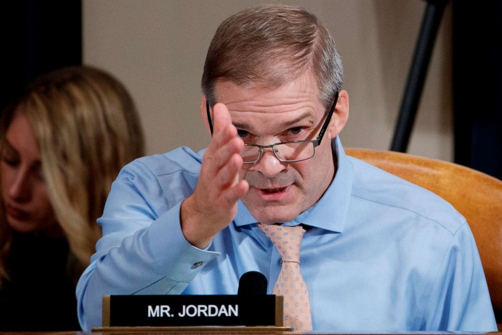 PHOTO: Republican Representative from Ohio Jim Jordan questions Jennifer Williams and Alexander Vindman on the impeachment inquiry into President Donald Trump, on Capitol Hill in Washington, D.C., on Nov. 19, 2019.