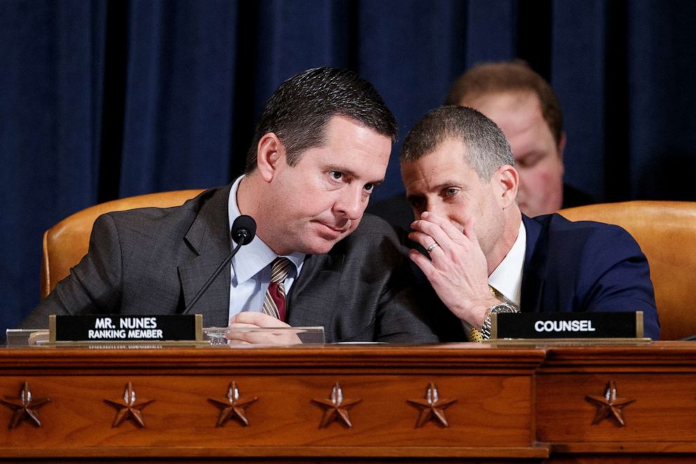 PHOTO: Ranking member Rep. Devin Nunes, talks with minority legal counsel Steve Castor, right, on Capitol Hill in Washington, Nov. 19. 2019. 