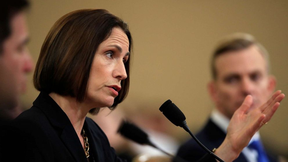 PHOTO: Former White House national security aide Fiona Hill, and David Holmes, a U.S. diplomat in Ukraine, right, testify before the House Intelligence Committee on Capitol Hill in Washington, Nov. 21, 2019.