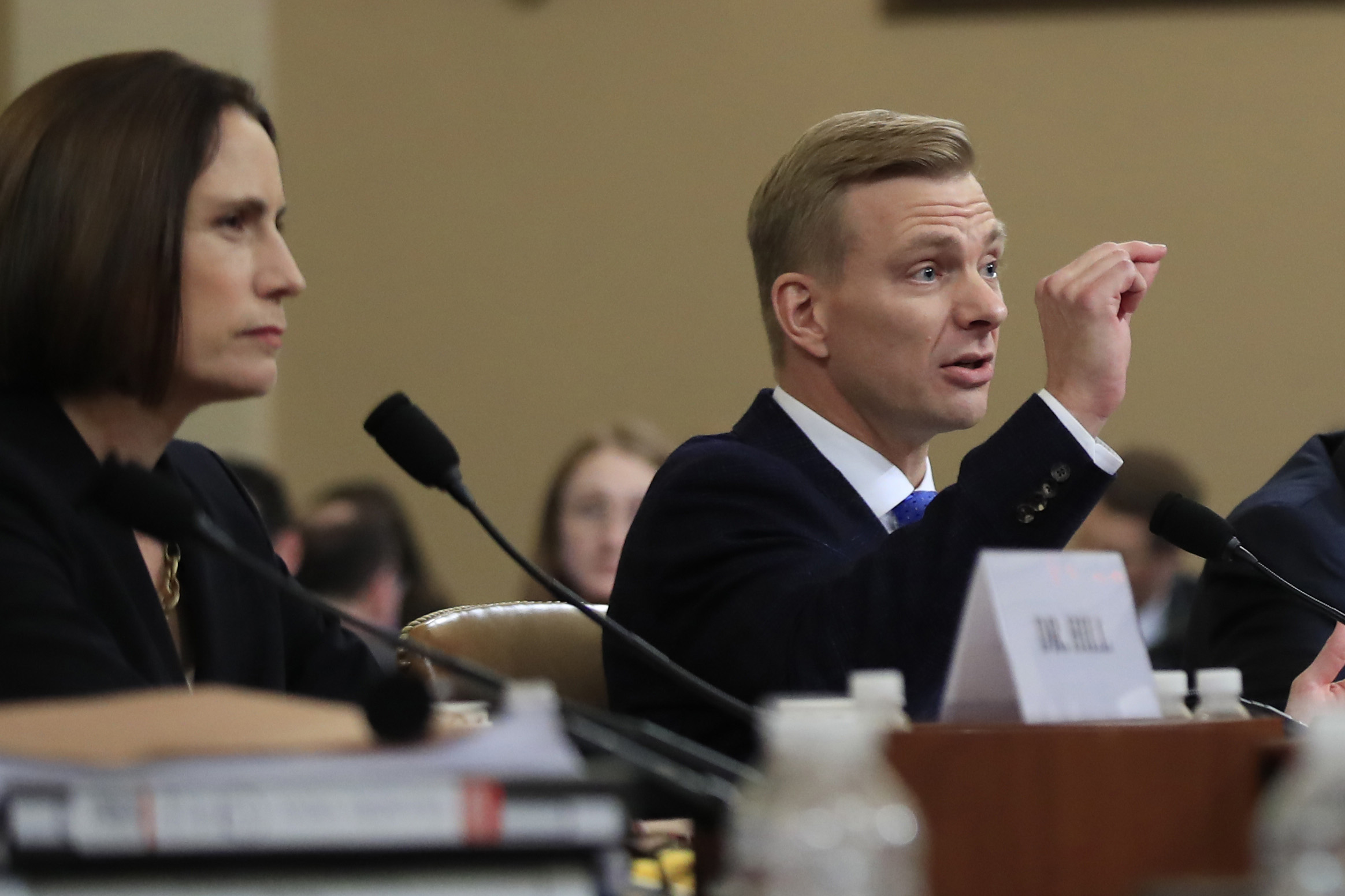 PHOTO: Former White House national security aide Fiona Hill, and David Holmes, a U.S. diplomat in Ukraine, testify before the House Intelligence Committee on Capitol Hill in Washington, Nov. 21, 2019.