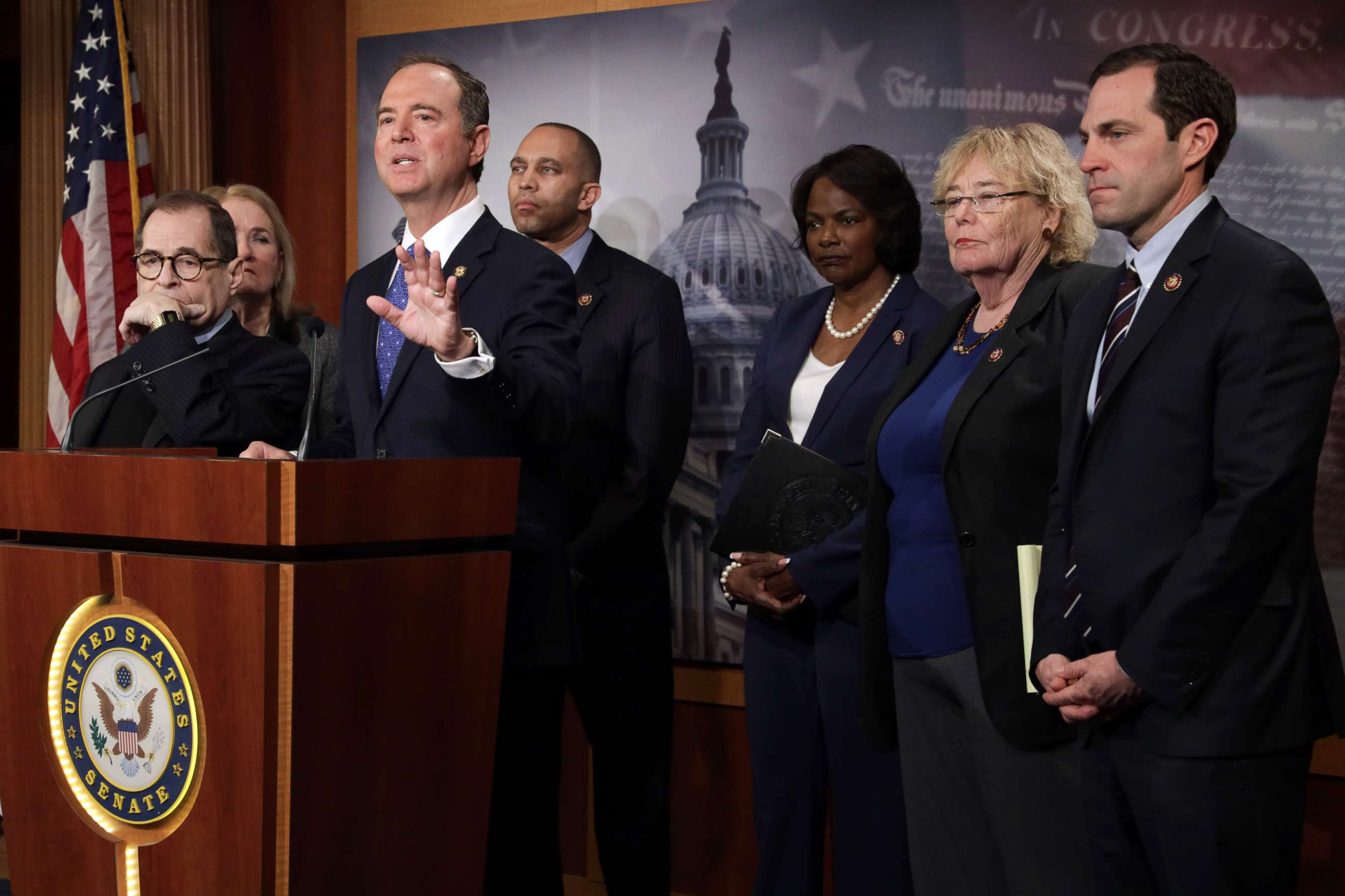 PHOTO: House impeachment managers hold a news conference after day five of the Senate impeachment trial against President Donald Trump at the U.S. Capitol on Jan. 25, 2020, in Washington.
