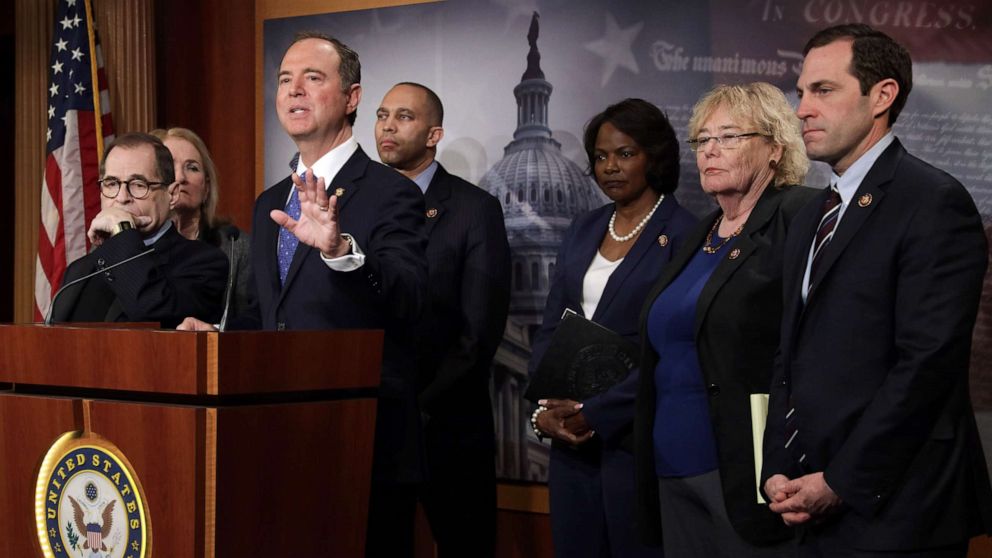 PHOTO: House impeachment managers hold a news conference after day five of the Senate impeachment trial against President Donald Trump at the U.S. Capitol on Jan. 25, 2020, in Washington.