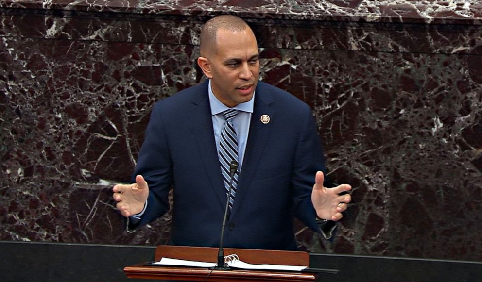 PHOTO: In this screengrab, House manager Rep. Hakeem Jeffries speaks during impeachment proceedings against President Donald Trump in the Senate at the U.S. Capitol on Jan. 31, 2020, in Washington.