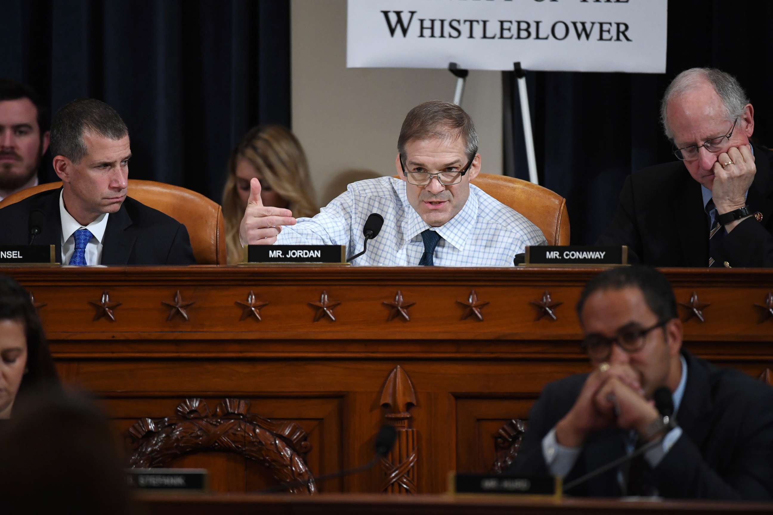 PHOTO: Rep. Jim Jordan asks questions as Fiona Hill, the former top Russia expert on the National Security Council, and David Holmes, a State Department official testify during the House Intelligence Committee hearing, Nov. 21, 2019.