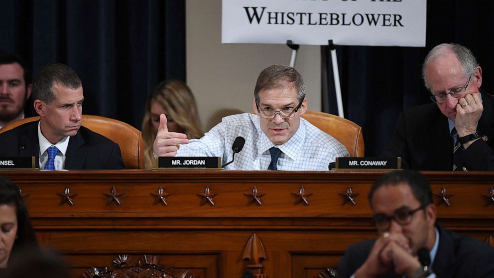 PHOTO: Rep. Jim Jordan asks questions as Fiona Hill, the former top Russia expert on the National Security Council, and David Holmes, a State Department official testify during the House Intelligence Committee hearing, Nov. 21, 2019.