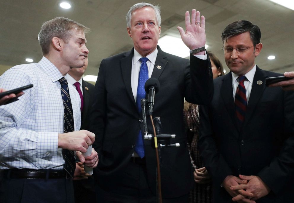 Members of the House Freedom Caucus Rep. Mark Meadows, center, Rep. Jim Jordan left, and Rep. Mike Johnson gather at a news conference on Capitol Hill after impeachment trial proceedings against President Donald Trump on Jan. 25, 2020. in Washington.