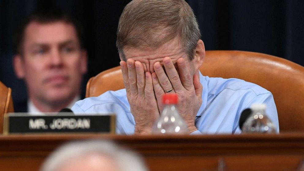 PHOTO: Republican Representative Jim Jordan reacts during the House Judiciary Committee's markup of House Resolution 755, Articles of Impeachment Against President Donald Trump, on Capitol Hill in Washington, D.C., Dec.12, 2019.
