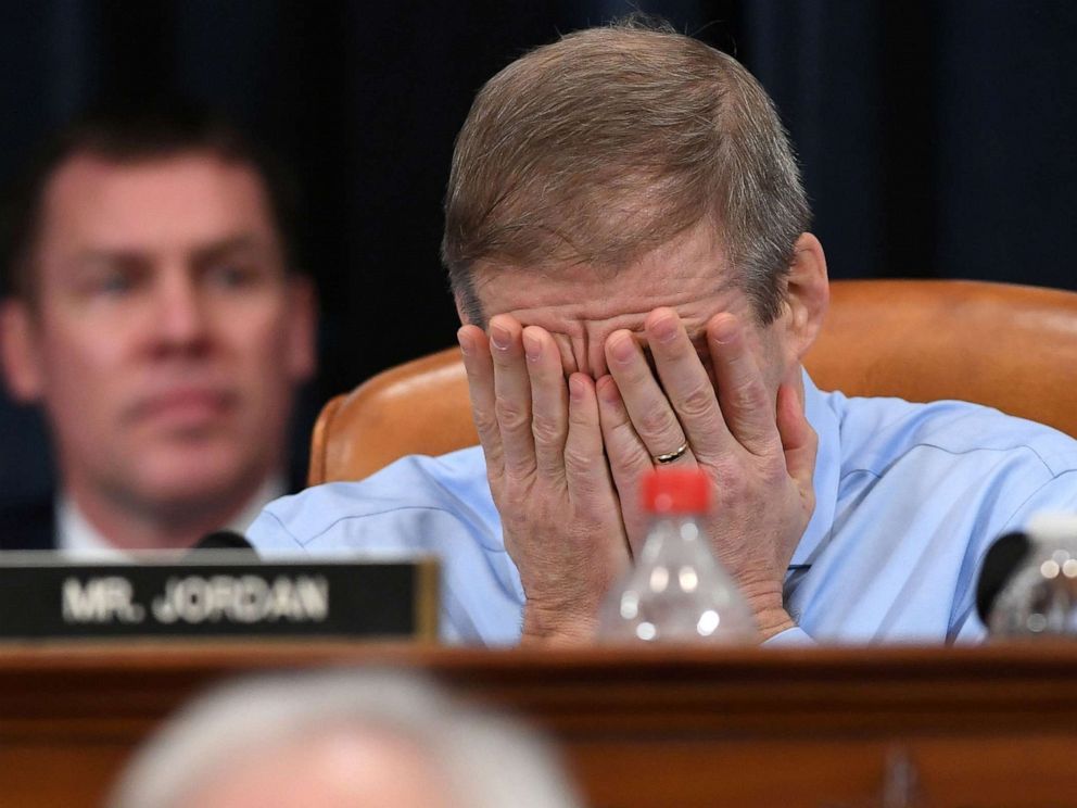 PHOTO: Republican Representative Jim Jordan reacts during the House Judiciary Committee's markup of House Resolution 755, Articles of Impeachment Against President Donald Trump, on Capitol Hill in Washington, D.C., Dec.12, 2019.