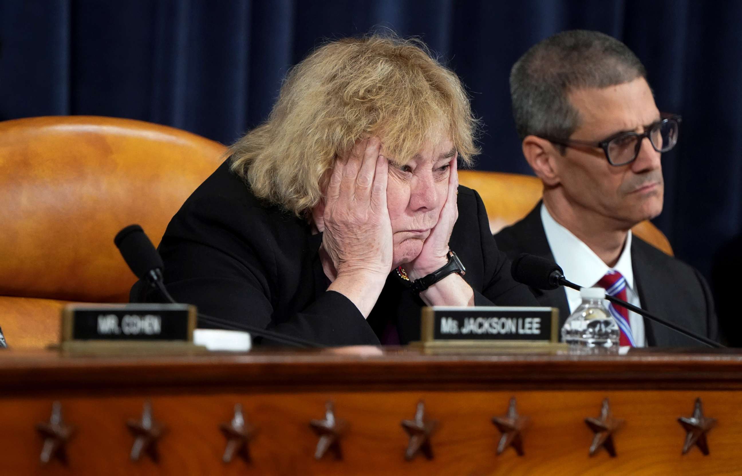 PHOTO: House Judiciary Committee member Rep. Zoe Lofgren (D-CA) puts her head in her hands as she listens as the House Judiciary Committee continues its markup of articles of impeachment against President Trump in Washington, D.C. Dec. 12, 2019.