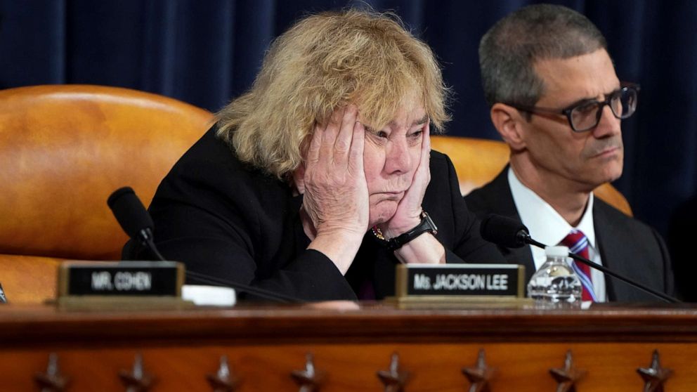 PHOTO: House Judiciary Committee member Rep. Zoe Lofgren (D-CA) puts her head in her hands as she listens as the House Judiciary Committee continues its markup of articles of impeachment against President Trump in Washington, D.C. Dec. 12, 2019.