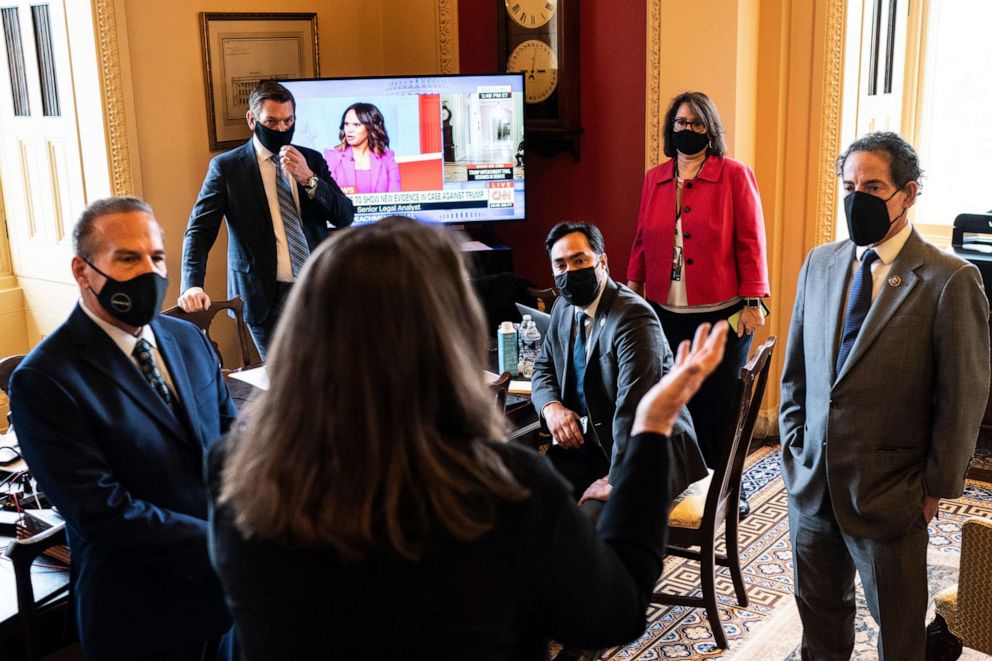 PHOTO: House impeachment manager Rep. Diana DeGette speaks with fellow managers and staff on the second day of the second Senate impeachment trial for former President Donald Trump at the Capitol in Washington on Feb. 10, 2021.