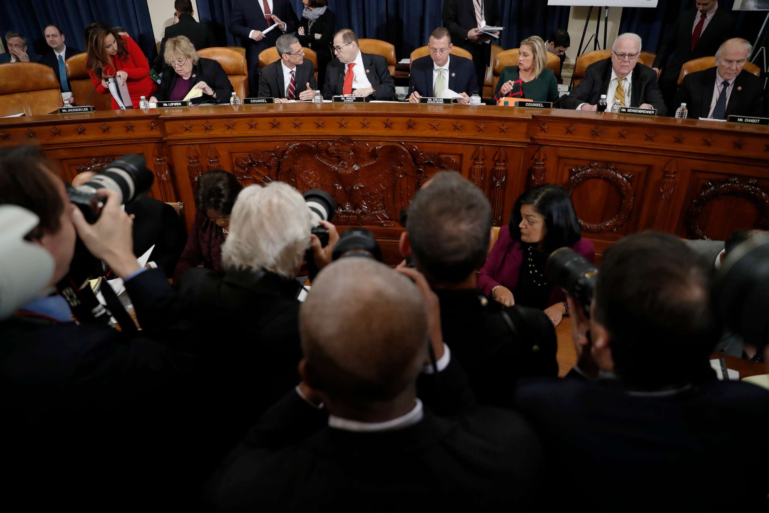 PHOTO: Members of the committee arrive before a House Judiciary Committee markup of the articles of impeachment against President Donald Trump, Dec. 12, 2019, on Capitol Hill in Washington, D.C.