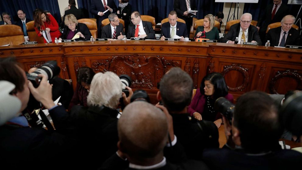 PHOTO: Members of the committee arrive before a House Judiciary Committee markup of the articles of impeachment against President Donald Trump, Dec. 12, 2019, on Capitol Hill in Washington, D.C.