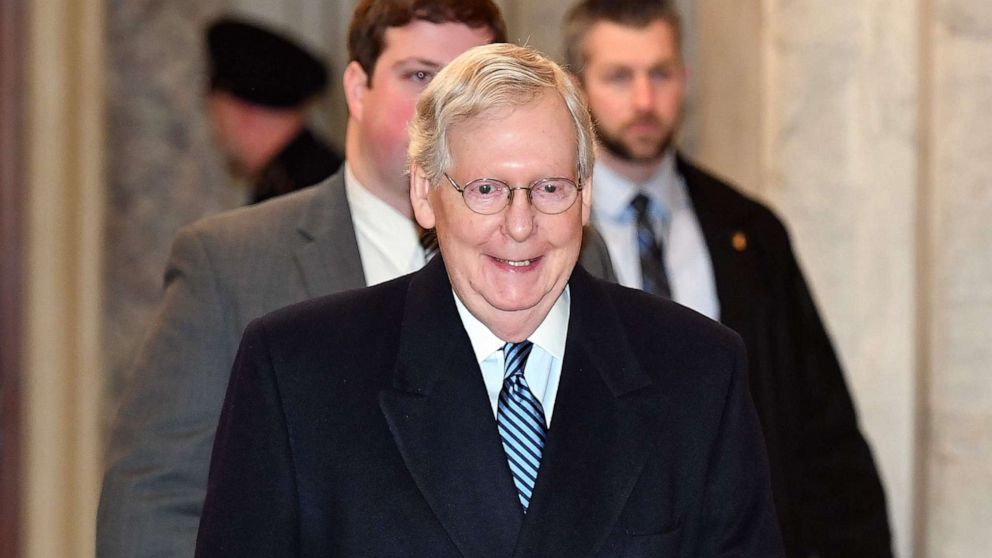 PHOTO:Senate Majority Leader Mitch McConnell (R-KY) arrives during the Senate impeachment trial at the Capitol against President Donald Trump, Jan. 22, 2020.