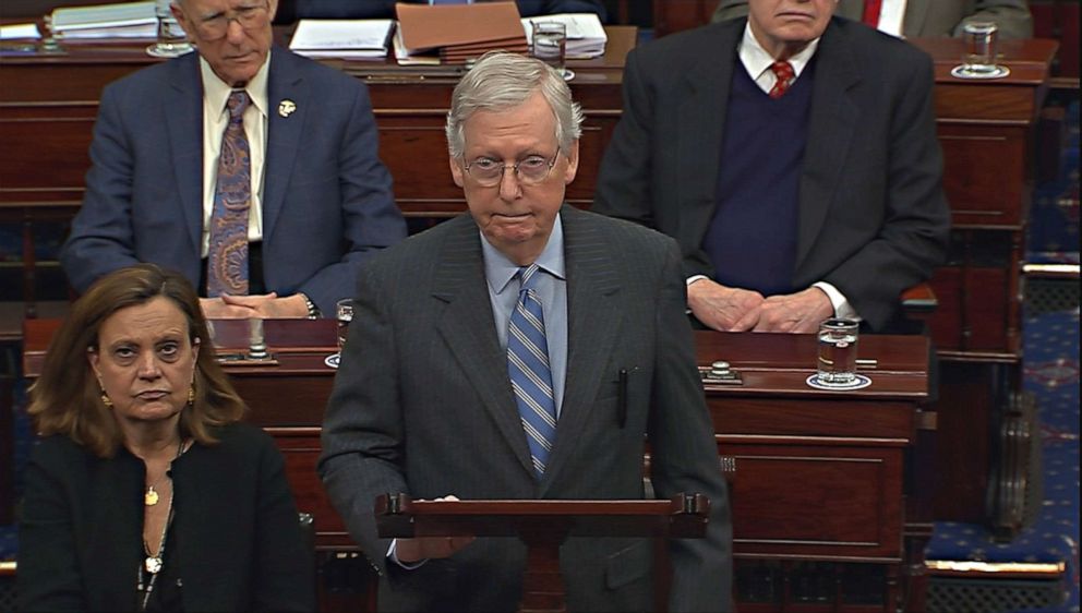 PHOTO: In this screengrab, Senate Majority Leader Mitch McConnell speaks during the impeachment trial of President Donald Trump at the Capitol on Jan. 31, 2020, in Washington.