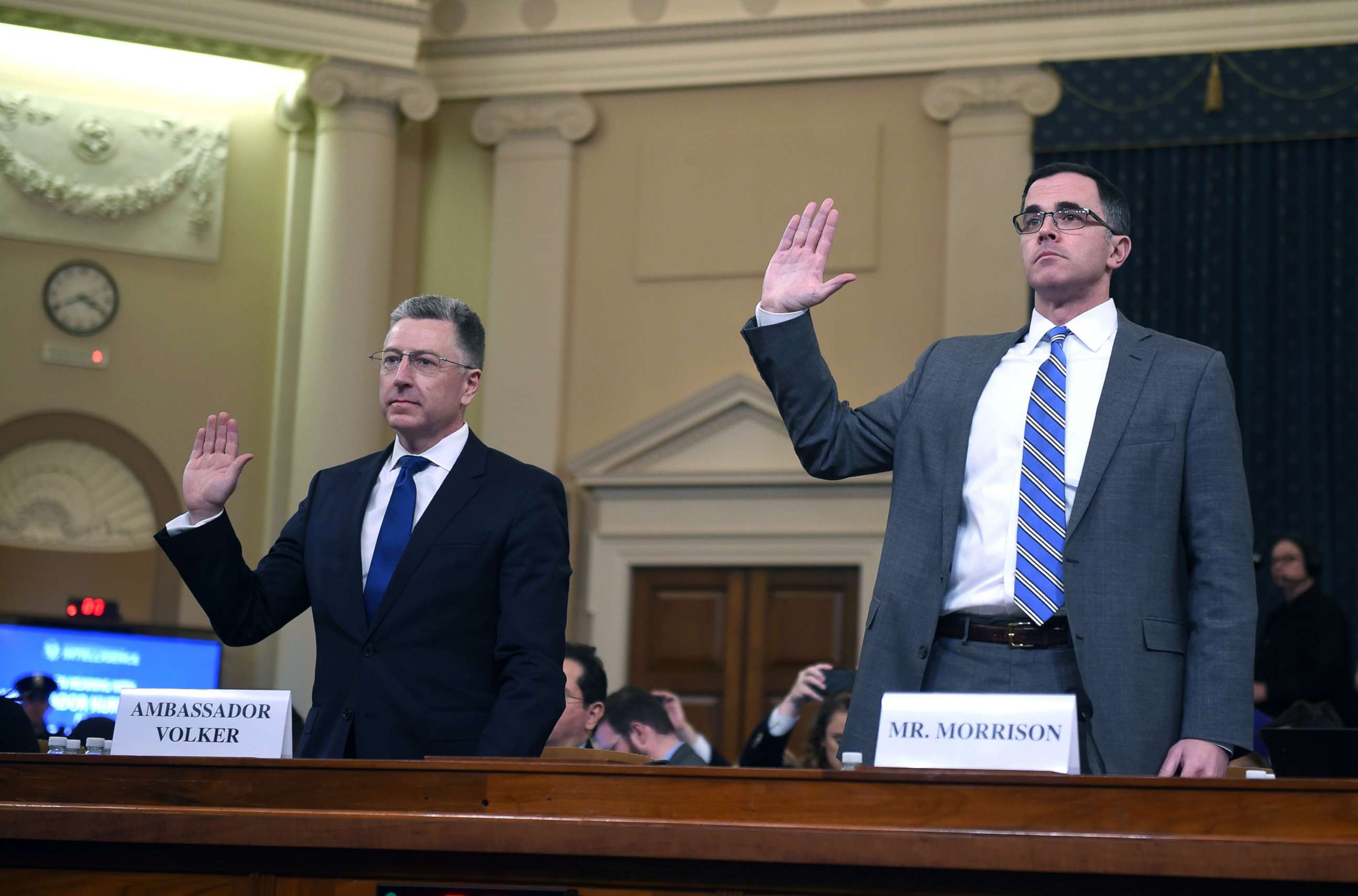 PHOTO: Former US Special Envoy for Ukraine, Kurt Volker and top Russia and Europe adviser on President Donald Trump's National Security Council, Tim Morrison, are sworn in during the House Intelligence Committee hearing on Capitol Hill, Nov. 19, 2019. 