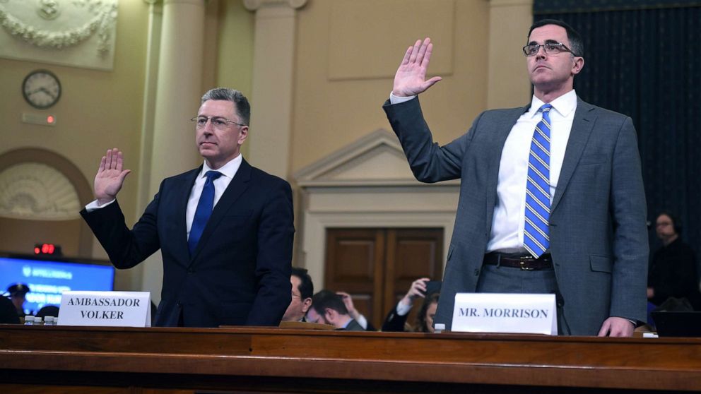 PHOTO: Former US Special Envoy for Ukraine, Kurt Volker and top Russia and Europe adviser on President Donald Trump's National Security Council, Tim Morrison, are sworn in during the House Intelligence Committee hearing on Capitol Hill, Nov. 19, 2019. 