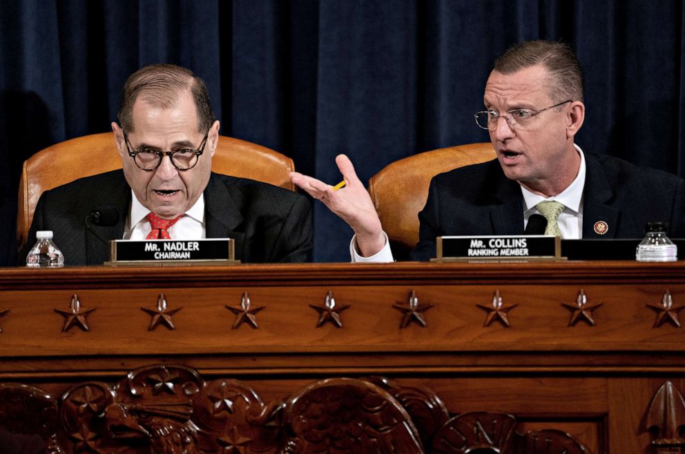 PHOTO: Representative Jerry Nadler, a Democrat from New York and Chairman of the House Judiciary Committee and Ranking Member Representative Doug Collins, a Republican from Georgia, speak during an impeachment hearing in Washington, D.C., Dec. 12, 2019.