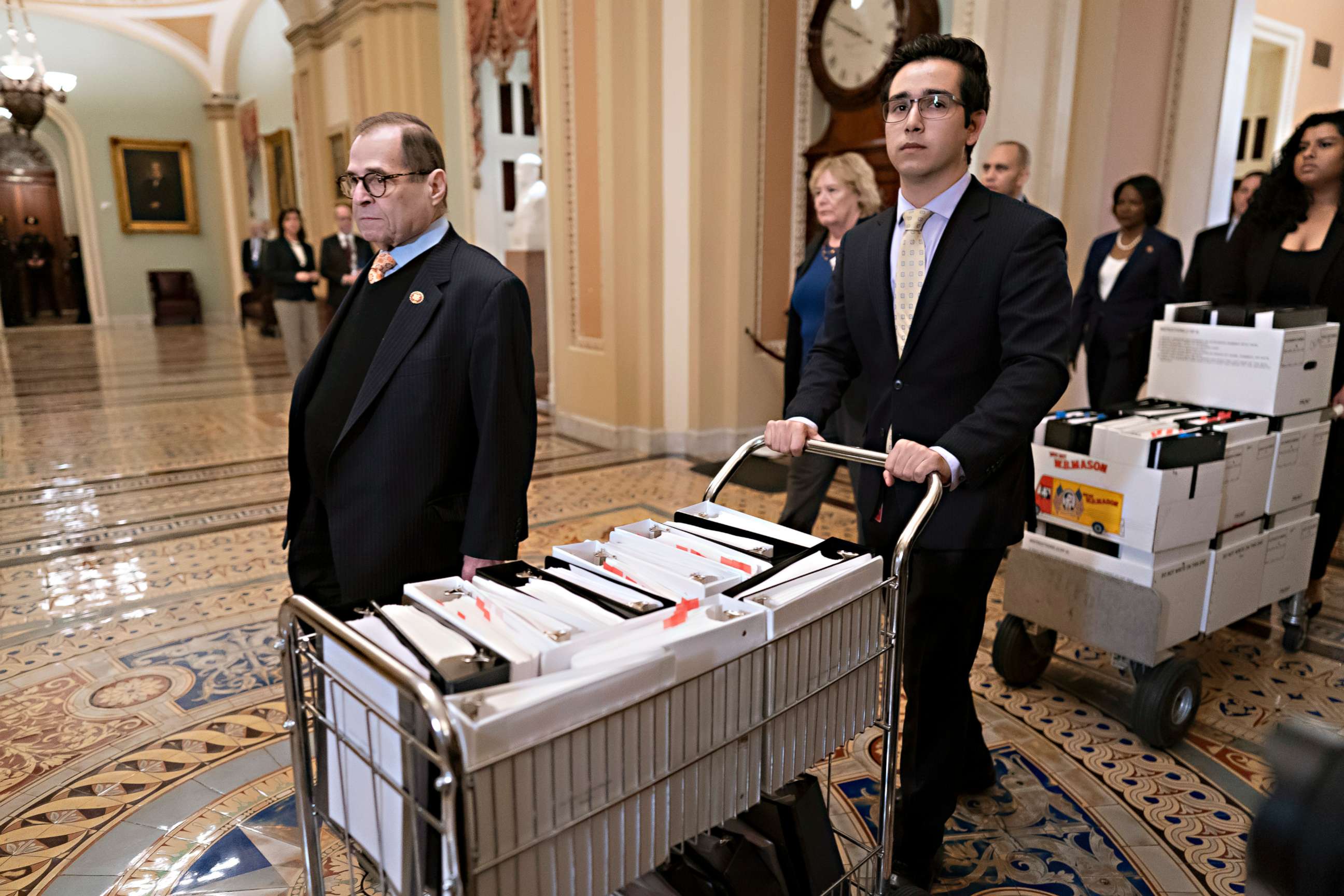 PHOTO: House Democratic impeachment manager and House Judiciary Committee Chairman Jerrold Nadler arrives at the Senate with carts of documents as work resumes in President Donald Trump's impeachment trial at the Capitol in Washington, Jan. 25, 2020.