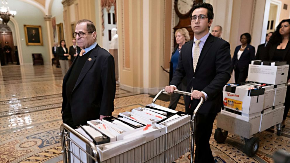 PHOTO: House Democratic impeachment manager and House Judiciary Committee Chairman Jerrold Nadler arrives at the Senate with carts of documents as work resumes in President Donald Trump's impeachment trial at the Capitol in Washington, Jan. 25, 2020.